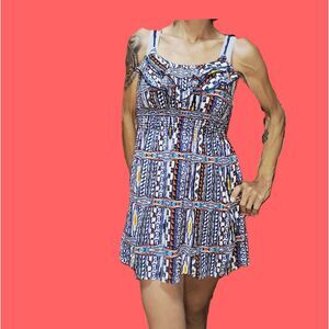 Body Central Aztec Tribal Print Smocked Spaghetti Strap Mini Dress Size Small